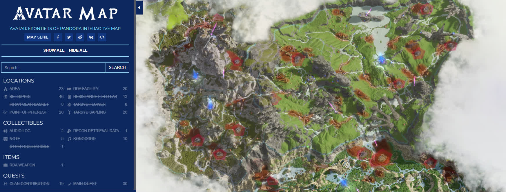 Интерактивная карта Avatar: Frontiers of Pandora — записки, разведданные, аккорды