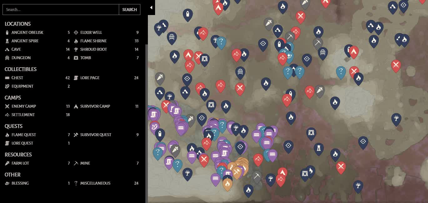 Интерактивная карта Enshrouded — обелиски, сундуки, данжи, пещеры, колодцы
