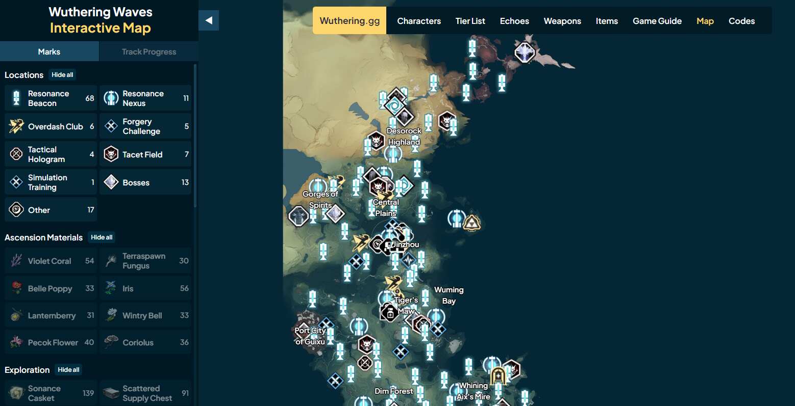 Интерактивная карта Wuthering Waves — карта Вува с сундуками, эхо, боссами
