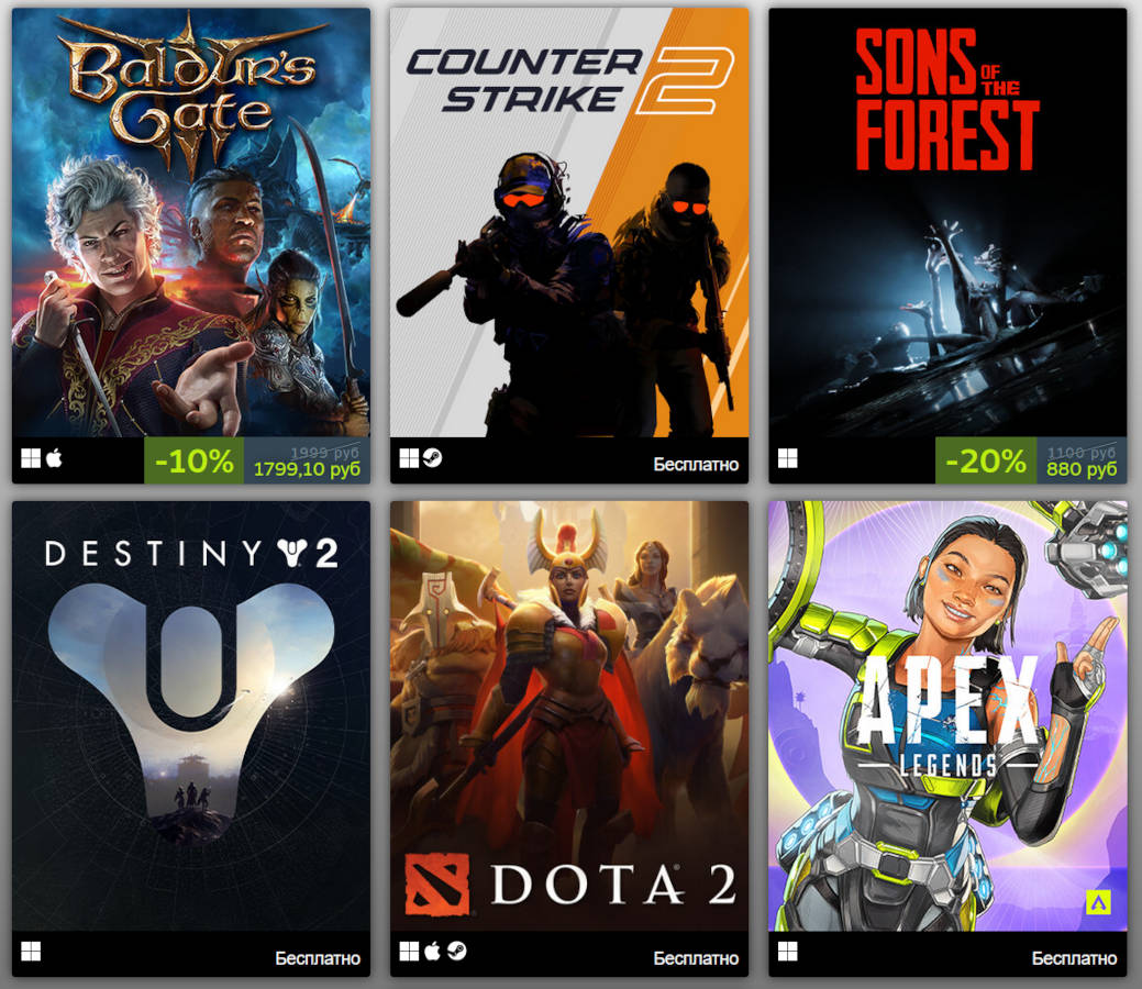 Опубликованы списки самых популярных игр 2023 года в Steam